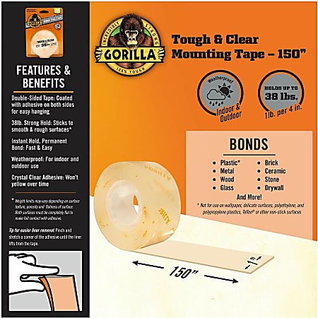 Gorilla Tough & Clear Mounting Tape - 12.50 ft Length x 1" Width - Clear - 1 Each