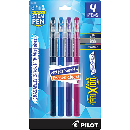 Pilot® FriXion® Ball ColorSticks Erasable Gel Pens, Pack of 4, Fine Point, 0.7 mm, Assorted Colors, 32446