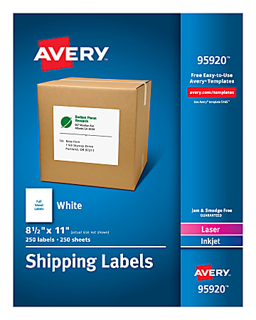Avery® Shipping Address Labels, 95920, Rectangle, Full Sheet Labels, White, Pack Of 250 Labels