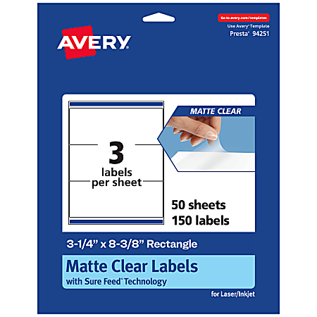 Avery® Permanent Labels With Sure Feed®, 94251-CMF50, Rectangle, 3-1/4" x 8-3/8", Matte Clear, Pack Of 150