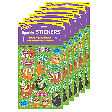 Trend Thoughtful Sloths Sparkle Stickers, Assorted Colors, 32 Stickers Per Pack, Set Of 6 Packs