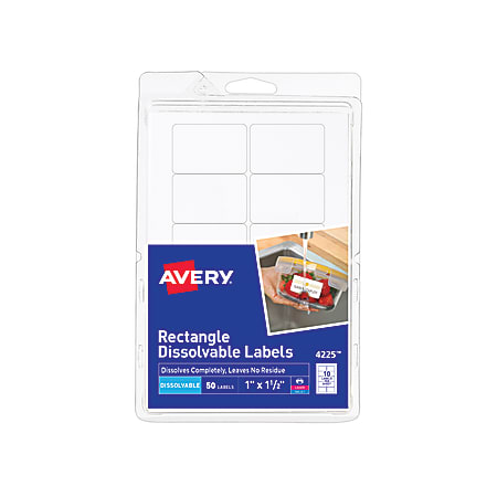 Avery® Dissolvable Labels, 4225, Rectangle, 1" x 1 1/2", White, Pack Of 50