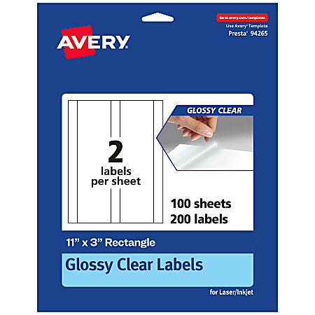 Avery® Glossy Permanent Labels, 94265-CGF100, Rectangle, 11" x 3", Clear, Pack Of 200