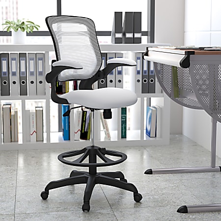 Flash Furniture Mid Back Mesh Ergonomic Drafting Chair with Adjustable Foot Ring and Flip-Up Arms, White