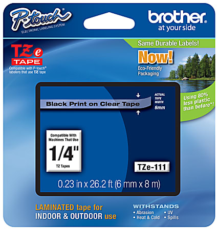 Brother® TZe-111 Black-On-Clear Tape, 0.25" x 26.2'