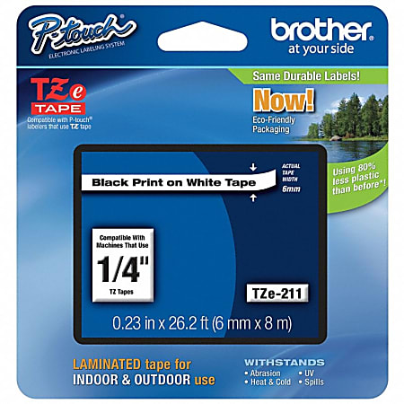 Brother® TZe-211 Black-On-White Tape, 0.25" x 26.2'