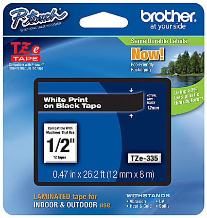 Brother® TZe-335 White-On-Black Tape, 0.5" x 26.2'