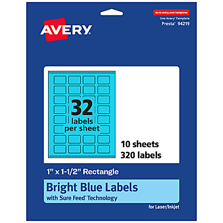 Avery® Print-To-The-Edge Labels With Sure Feed® Technology And Easy Peel®, 94219-BBP10, Rectangle, 1" x 1-1/2", Matte Bright Blue, Pack of 320