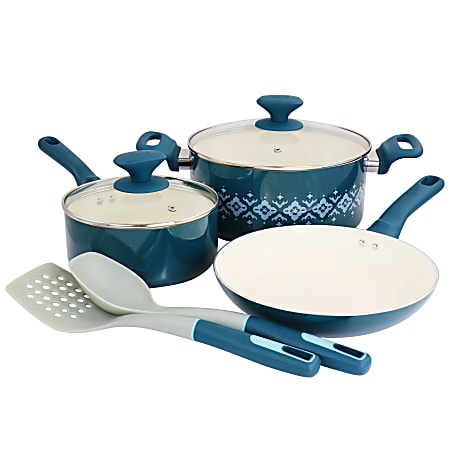 Spice by Tia Mowry Savory Saffron 7-Piece Ceramic Non-Stick Aluminum Cookware Set, Teal