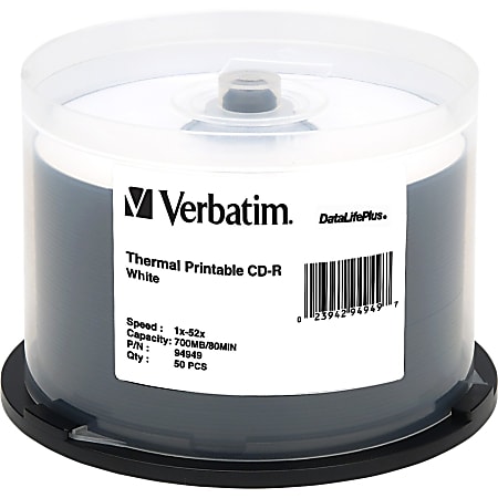 Verbatim CD-R 700MB 52X DataLifePlus White Thermal Printable - 50pk Spindle - Printable - Thermal Printable