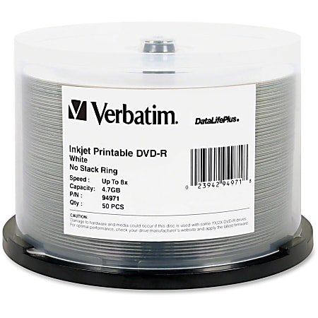Verbatim DVD-R 4.7GB 8X DataLifePlus White Inkjet Printable - 50pk Spindle - Inkjet Printable - 50pk Spindle