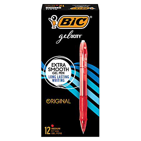 BIC Gelocity Retractable Gel Ink Pens, Medium Point, 0.7 mm, Red Barrel, Red Ink, Pack Of 12