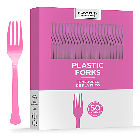 Amscan 8017 Solid Heavyweight Plastic Forks, Bright Pink, 50 Forks Per Pack, Case Of 3 Packs