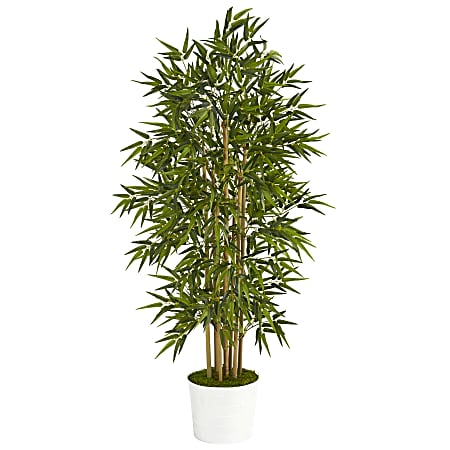 Nearly Natural Bamboo Tree 64”H Plastic Artificial Plant With Tin Planter, 64”H x 10”W x 10”D, Green/White