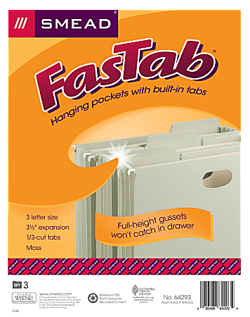 Smead FasTab Recycled Hanging File Folders, Legal, Green, 20/Box