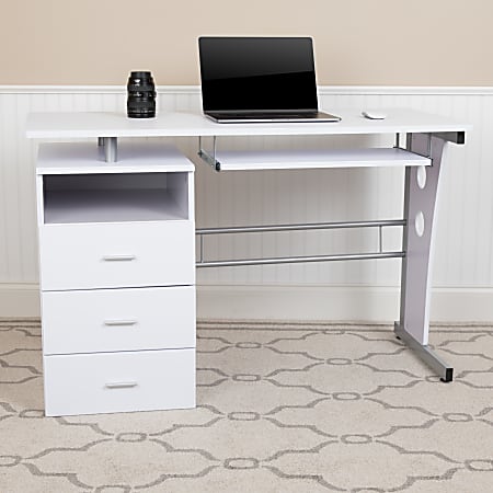 Flash Furniture 48"W Computer Desk With 3-Drawer Single Pedestal, White