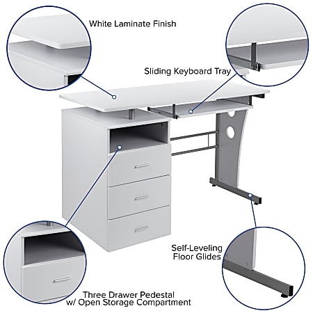 Flash Furniture 48 W Computer Desk With 3 Drawer Single Pedestal White