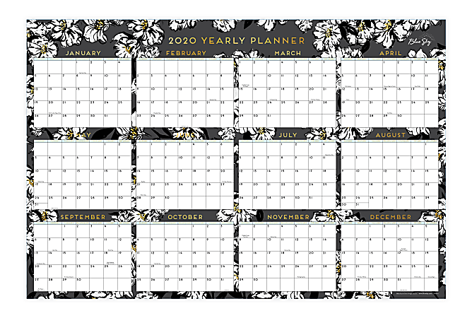 Blue Sky™ Laminated Dry-Erase Yearly Wall Calendar, 36" x 24", Baccarra Dark, January To December 2020/July 2020 To June 2021