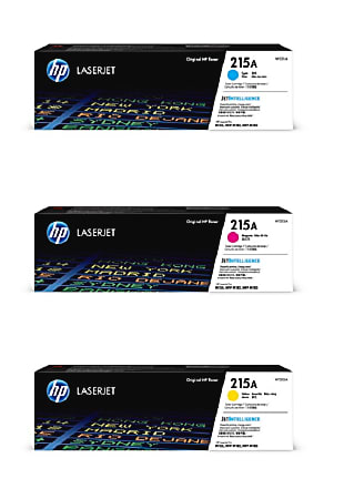 HP 215A Cyan/Magenta/Yellow Toner Cartridges, Pack Of 3 Cartridges, HP215ACMY-OD