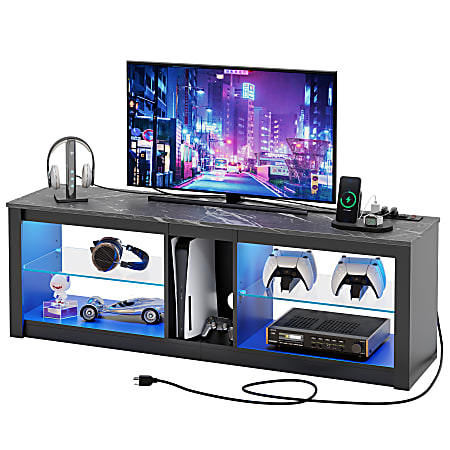 Bestier 55" LED Gaming TV Stand For 65” TV With Power Outlet & Adjustable Glass Shelves, 18-1/2”H x 55-1/8”W x 13-13/16”D, Black Marble