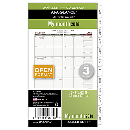 AT-A-GLANCE® Day Runner® Express Monthly Planner Refill, 3 3/4" x 6 3/4", 30% Recycled, White, January to December 2018 (063-685Y-18)