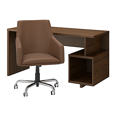 kathy ireland® Home by Bush Furniture Madison Avenue 60"W Writing Desk And Chair Set, Modern Walnut, Standard Delivery