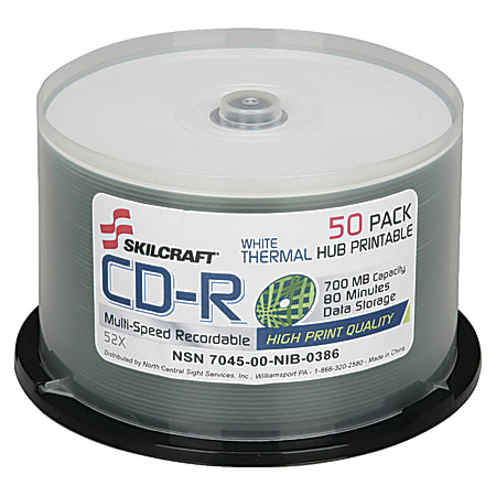 SKILCRAFT® Thermal Printable 52x CD-R Discs, 50-Pack Spindle