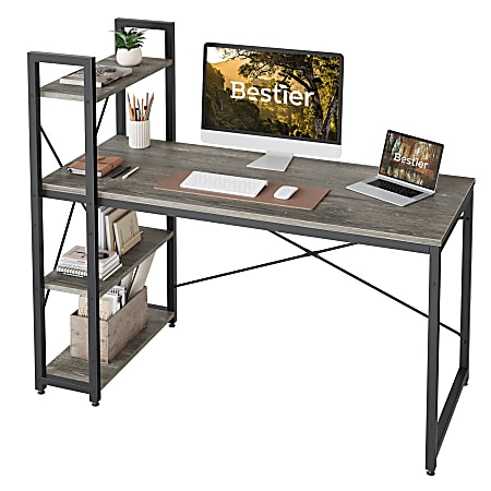 Bestier Modern Office Desk With Storage Shelf & Headset Hook, 56"W, Retro Gray Oak Dark