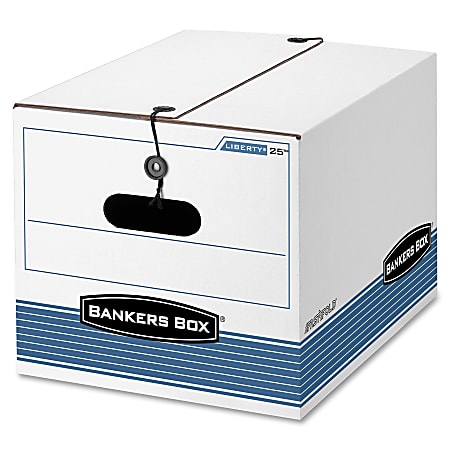 Bankers Box® Medium-Duty Storage Boxes, Letter/Legal Size, 11" x 12 1/4" x 16", White/Blue, Case Of 12