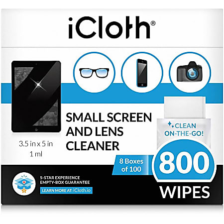 icloth Small Screen and Lens Wipes, 0.03 Oz, 100 Per Pack, Carton Of 8