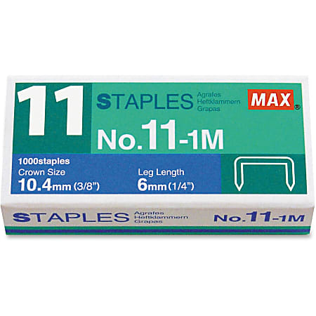 MAX No. 11-1M Staples - 50 Per Strip - 15/64" Leg - 7/17" Crown - for Paper - Silver - 1000 / Box