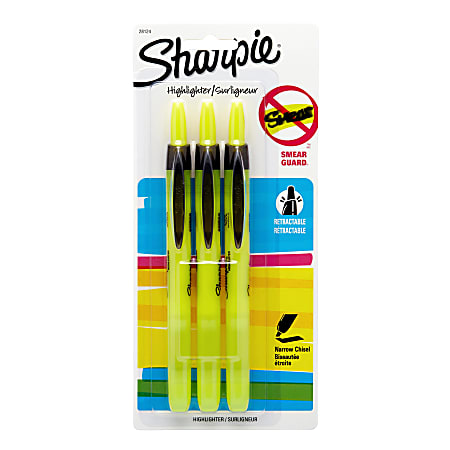 Sharpie® Accent® Retractable Highlighters, Fluorescent Yellow, Pack Of 3