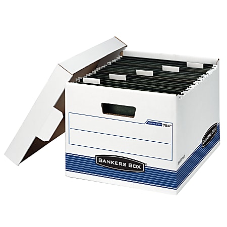Bankers Box® Hang'N'Stor™ Medium-Duty Storage Boxes, Letter Size, 15" x 12 1/4" x 9 3/4", White/Blue, Case Of 4 - 784