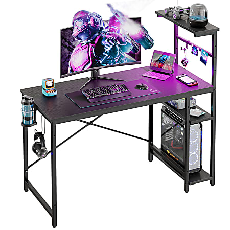 Bestier Gaming Computer Desk With RGB LED Lights And 4-Tier Storage Shelves, 44"W, Black Grained