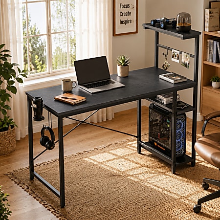 Bestier 44 in. Black Grained Gaming Computer Desk with RGB Lights and 4-Tier Storage Shelves