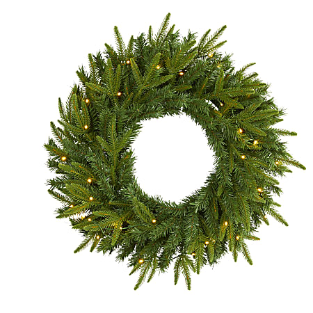 Nearly Natural 24"H Long Pine Artificial Christmas Wreath With 35 LED Lights, 24” x 4”, Green
