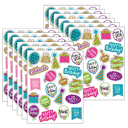 Teacher Created Resources® Stickers, Confetti Happy Birthday, 120 Stickers Per Pack, Set Of 12 Packs