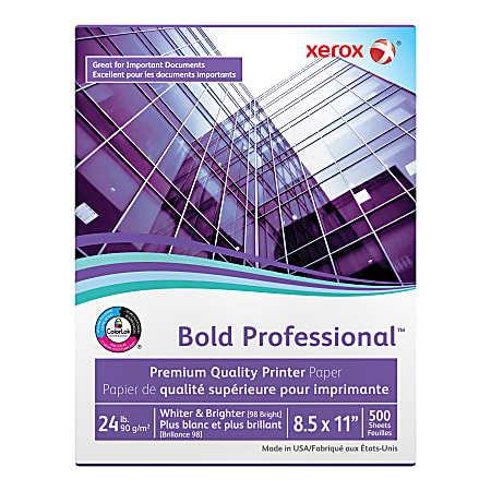 Xerox® Bold Professional® Premium Quality Printer Paper, Letter Size (8 1/2" x 11"), 98 (U.S.) Brightness, 24 Lb, FSC® Certified, Ream Of 500 sheets