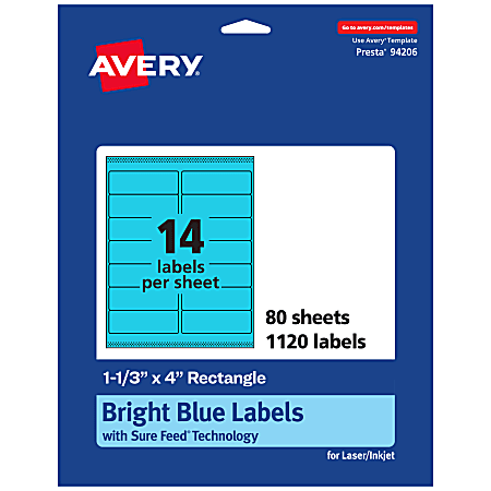 Avery® Printable Labels With Sure Feed® Technology, 94206-BBP80, Rectangle, 1-1/3" x 4", Matte Bright Blue, Pack of 1120