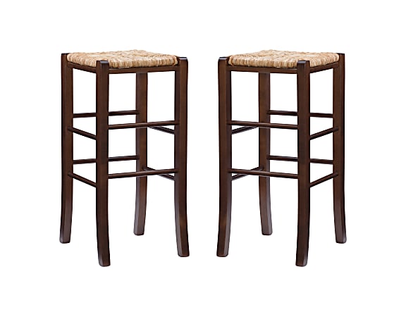 Linon Home Décor Products Gianna Backless Bar Stools, Walnut/Rice Rush, Set Of 2 Stools