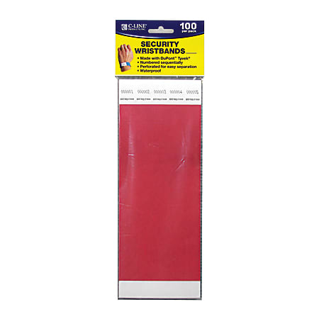 C-Line® DuPont™ Tyvek® Security Wristbands, 3/4" x 10", Red, 100 Wristbands Per Pack, Set Of 2 Packs