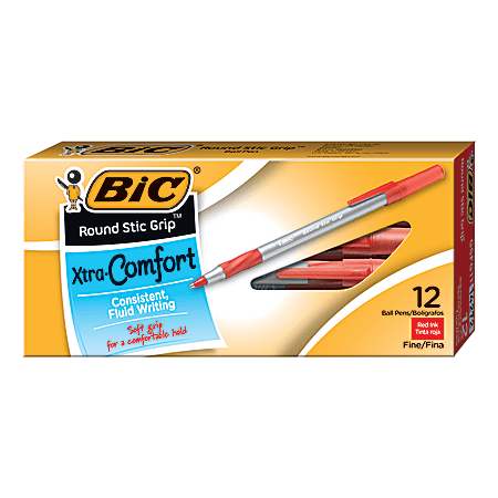 BIC® Round Stic Grip™ Xtra-Comfort Ballpoint Pens, Fine Point, 0.8 mm, Gray Barrel, Red Ink, Pack Of 12