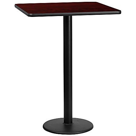 Flash Furniture Square Laminate Table Top With Round Bar Height Table Base, 43-3/16”H x 30”W x 30”D, Mahogany
