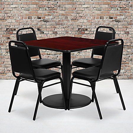 Flash Furniture Square Laminate Table Set With Round Base And 4 Trapezoidal Back Banquet Chairs, 30"H x 36"W x 36"D, Mahogany/Black