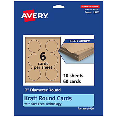 Avery® Printable Note Cards With Sure Feed® Technology, 3" Round, Kraft Brown, Pack Of 60