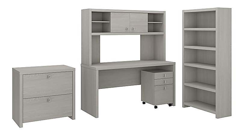 kathy ireland® Office by Bush Business Furniture Echo Desk With Hutch, Bookcase And File Cabinets, Gray Sand, Premium Installation