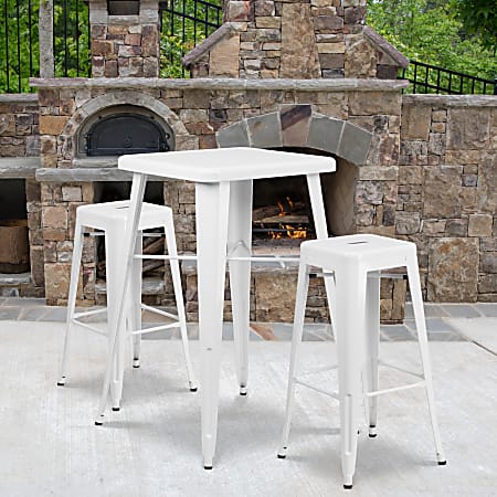 Flash Furniture Square Metal Bar Table Set With 2 Backless Stools, 40"H x 27-3/4"W x 27-3/4"D, White