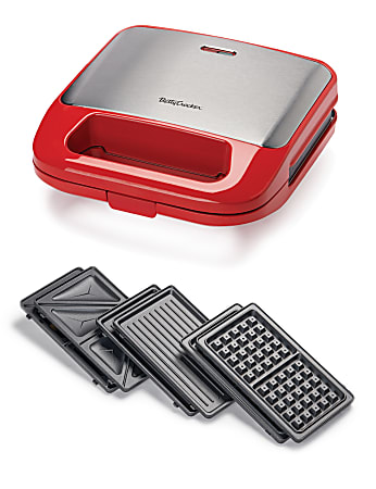 Betty Crocker 3-in-1 Indoor Grill, Sandwich & Waffle Maker Plus, 3-3/4”H x 9-1/4”W x 9”D, Red