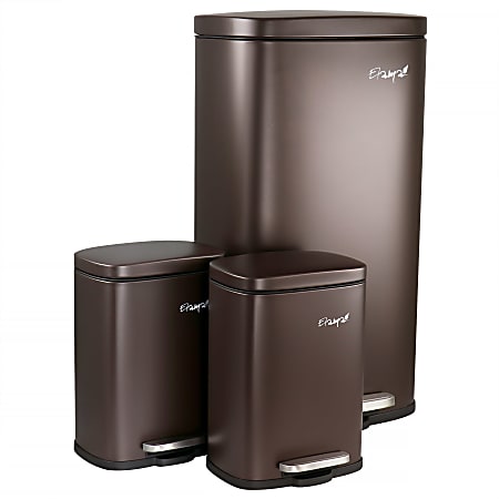 Elama 3-Piece 30-Liter/5 Liter Stainless Steel Step Trash Bin Combo Set With Slow Close Mechanism, Matte Bronze