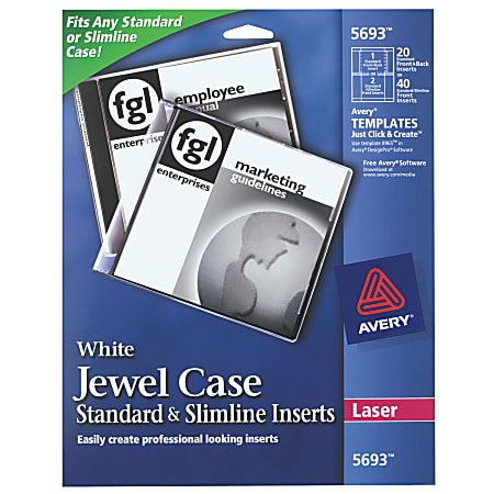 Avery® Print-To-The-Edge Laser CD/DVD Jewel Case Inserts, 5693, White, Pack Of 20